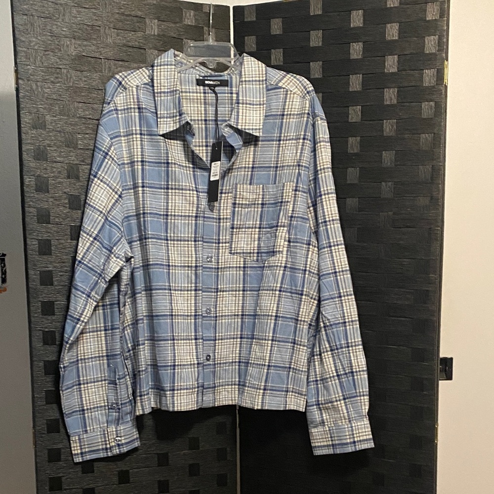 Fashion Nova Light Blue and White Plaid Men's Shirt